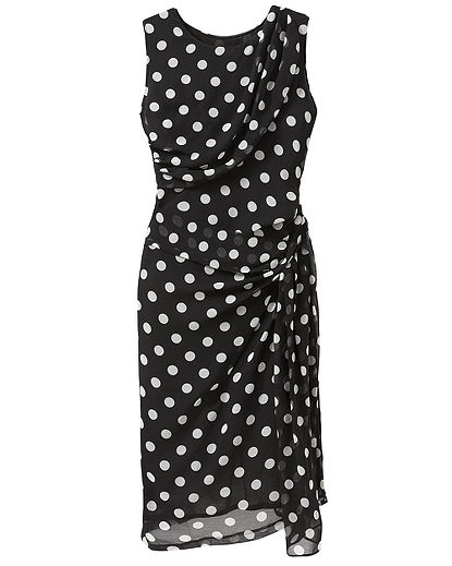 Black and white polka dot silk georgette sheath dress with ruched and draped detailing