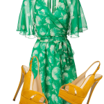 Green dress yellow shoes picture-Anna Sui Green Silk Wrap Dress Giuseppe Zanotti Amber Suede Double Platform Slingbacks