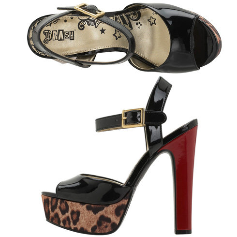 Payless black Jupiter platform sandals with leopard print platform and red heel