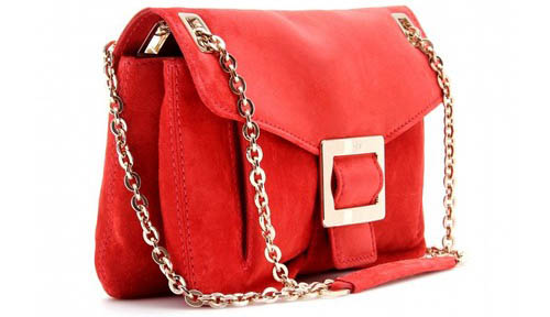 Roger Vivier red suede flap-over shoulder bag with large gold-toned metal buckle on flap