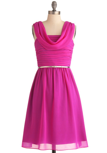 Runched bodice berry-pink dress with thin silver belt