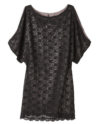 Short black sequined lace cocktail dress with cutout dolman sleeves
