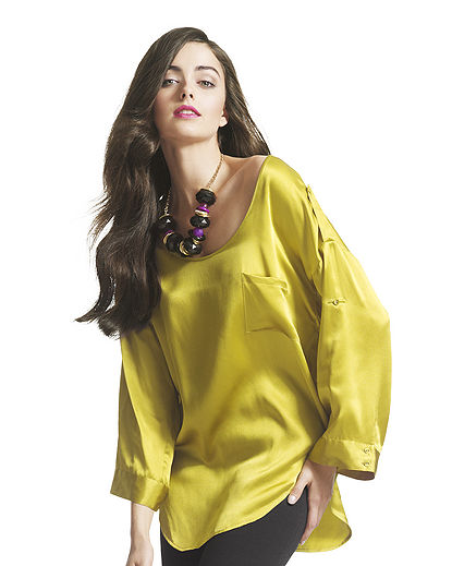 Yellow silky oversized charmeuse blouse with single pocket