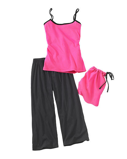 Pink cotton jersey knit cami with black spaghetti straps and black elastic-waist capri set