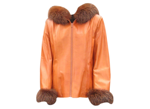 Cynthia was feeling chic-her orange Bergama Leather Jacket with fox cuffs