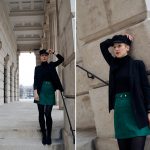Borjana from Bees Wonderland blog wearing green skirt with black tights top jacket shoes