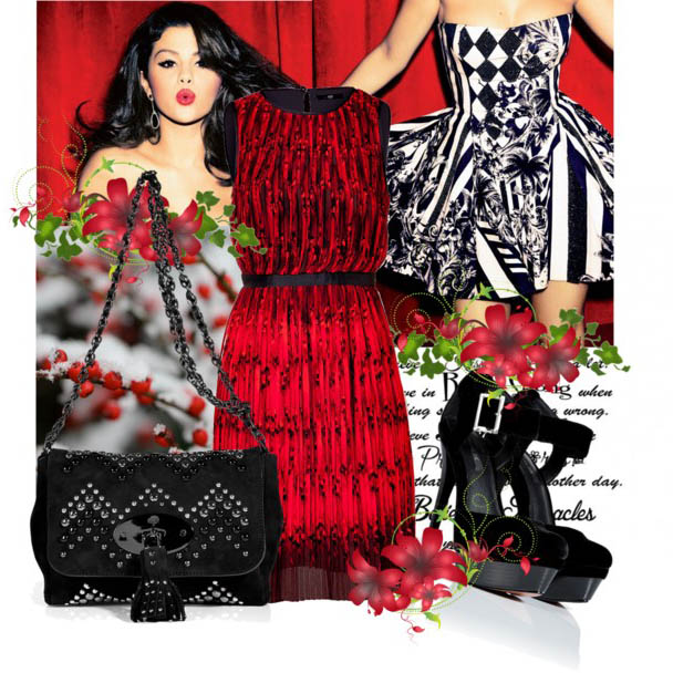 Mulberry Black Suede Zigzag Lily Bag TIBI Red Pirouette pleated silk dress Rachel Zoe Black Velvet Dalia Platform Pumps