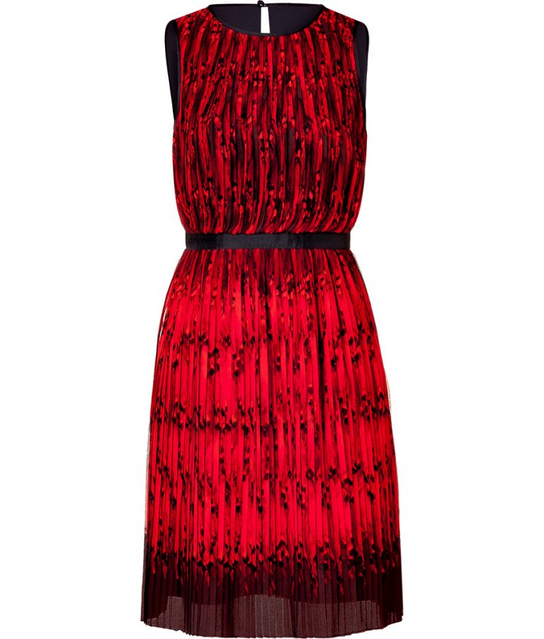 Printed red pleated silk black velvet suede