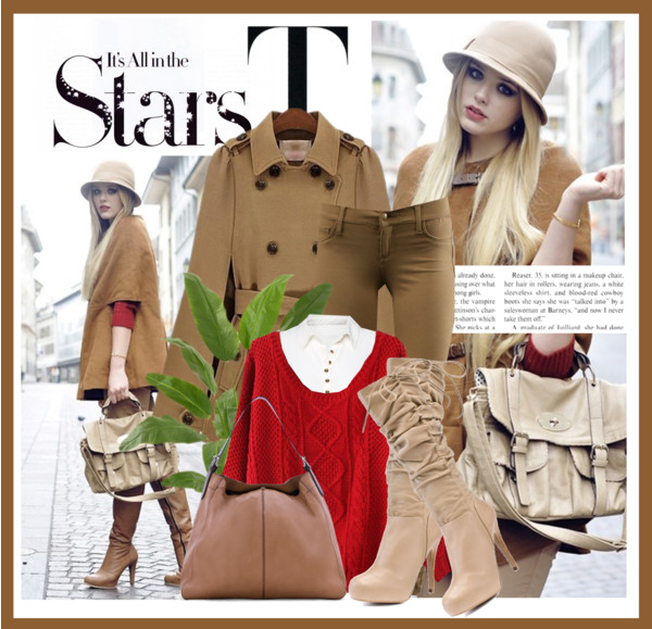 Camel cape style winter coat red sweater work custom tan viper jeans taupe knee high boots white chiffon blouse textured hobo bag
