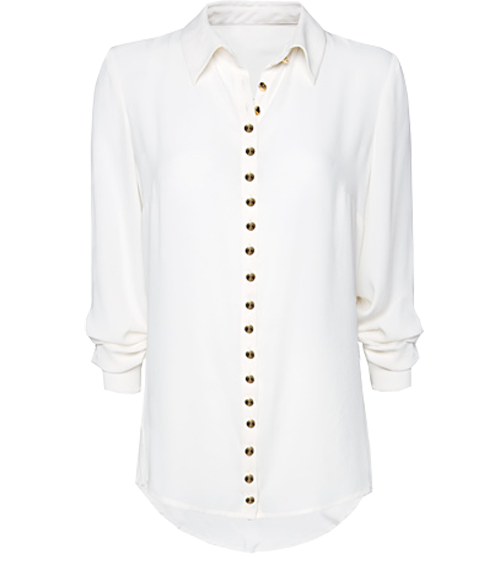 White chiffon shirt studs buttons rounded tail hem