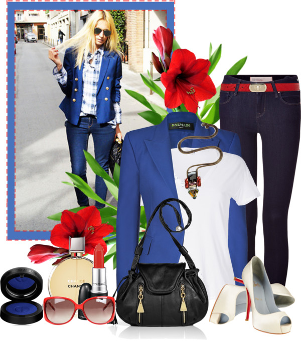 White James Perse t-shirt blue fitted blazer skinny blue jeans Christian Louboutin Very Prive white pumps