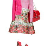 hot pink fuchsia blazer pink shirt floral print valentino skirt red shoulder bag coral pumps