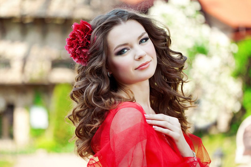 pretty lady red flower in hair red dress enlrg