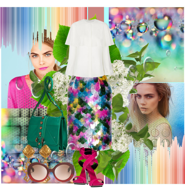 Erdem Aysha paillette-embellished floral-print silk skirt Paula Cademartori Green Leather Tatiana Shoulder Bag GIUSEPPE ZANOTTI Pink Suede Sandals Chanel earrings Prada sunglasses