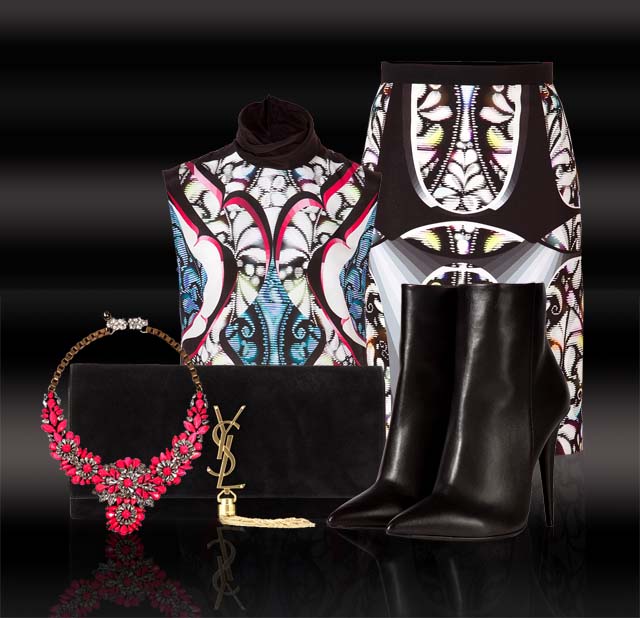 Peter Pilotto Silk Tahlia blouse Elini laser silver skirt YSL black purse Giuseppe Zanotti black leather booties