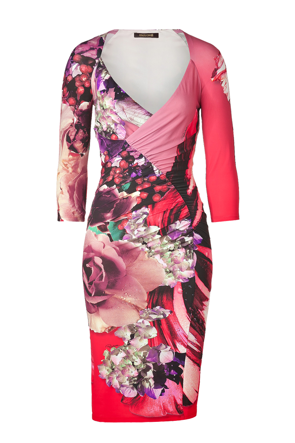 Roberto Cavalli Red-Multi Rose Print Jersey Dress