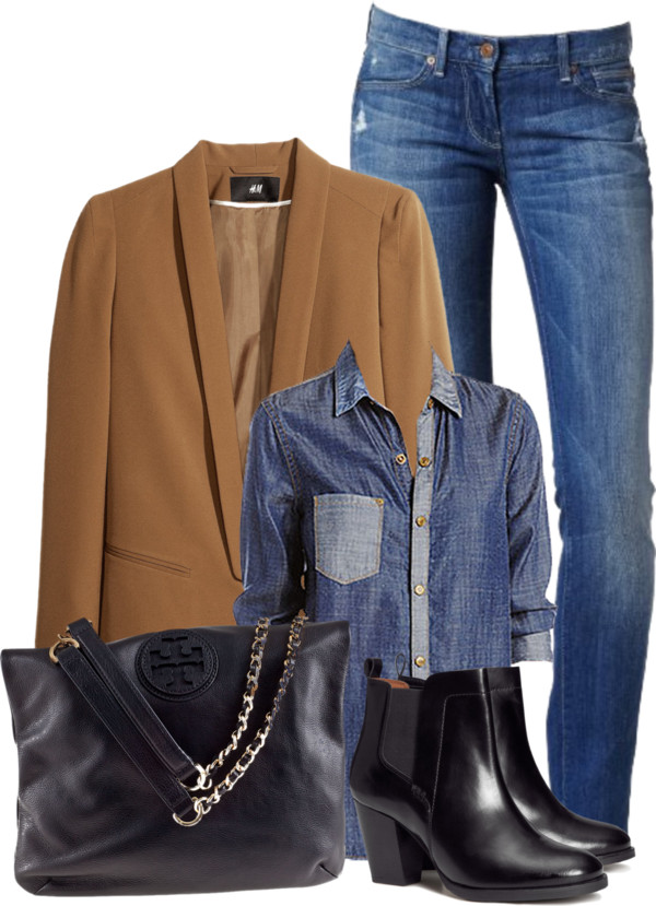 7 for all mankind straight leg jeans color block denim shirt black leather ankle boots brown dinner blazer