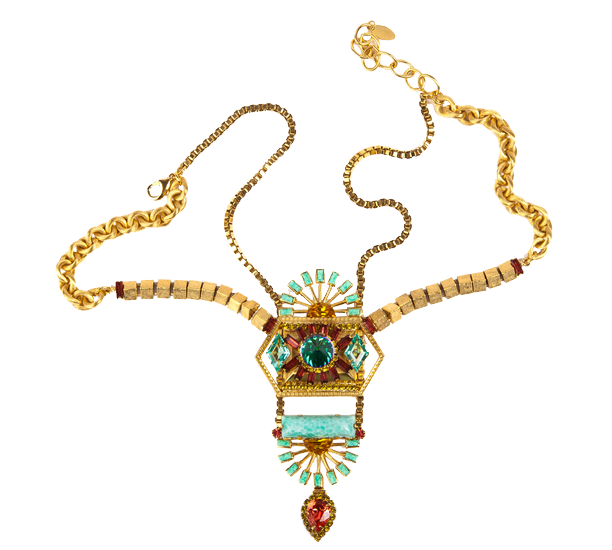 Elizabeth Cole baguette pendande necklace in jade and coral