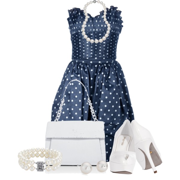 outfit with navy blue and white polka dot dress white pumps bags and pearl accessories