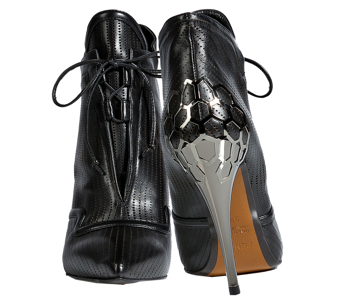 Fendi Metal Embellished Stiletto Ankle Boots in Black Grey
