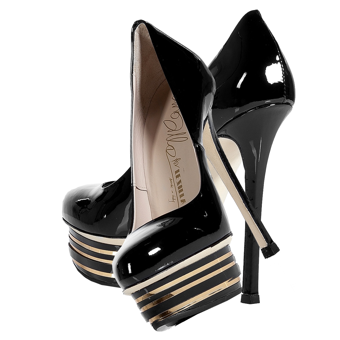 Le Silla Black Gold Stacked Platform Patent Leather Pumps