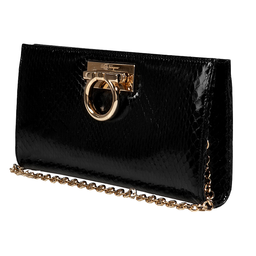 Salvatore Ferragamo black leather gold-tone chain handle clutch purse