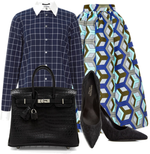Stella Jean Printed full skirt Timo Weiland Catherine Cotton Windowpane Top Hermes black leather back black leather pumps