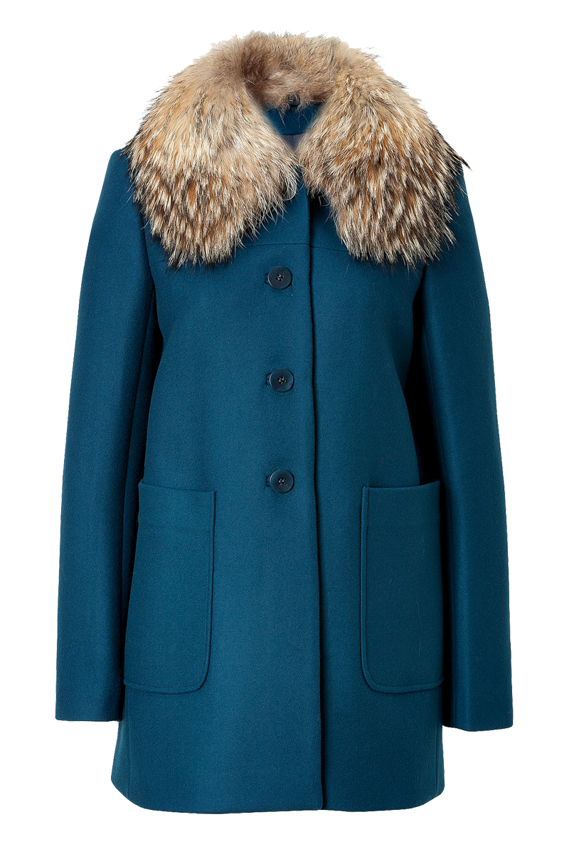 Tara Jarmon duck blue long wool plush collar coat