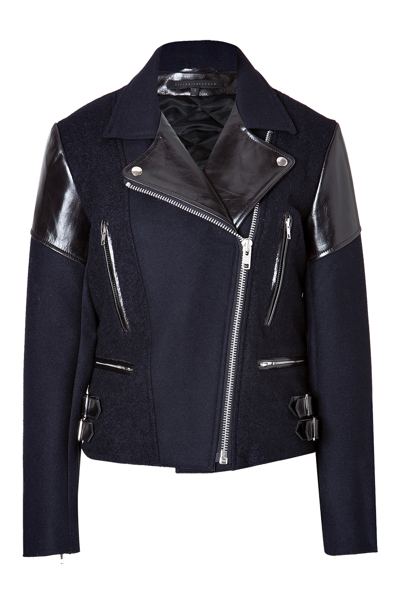 Victoria Beckham Denim navy blue black wool leather biker jacket