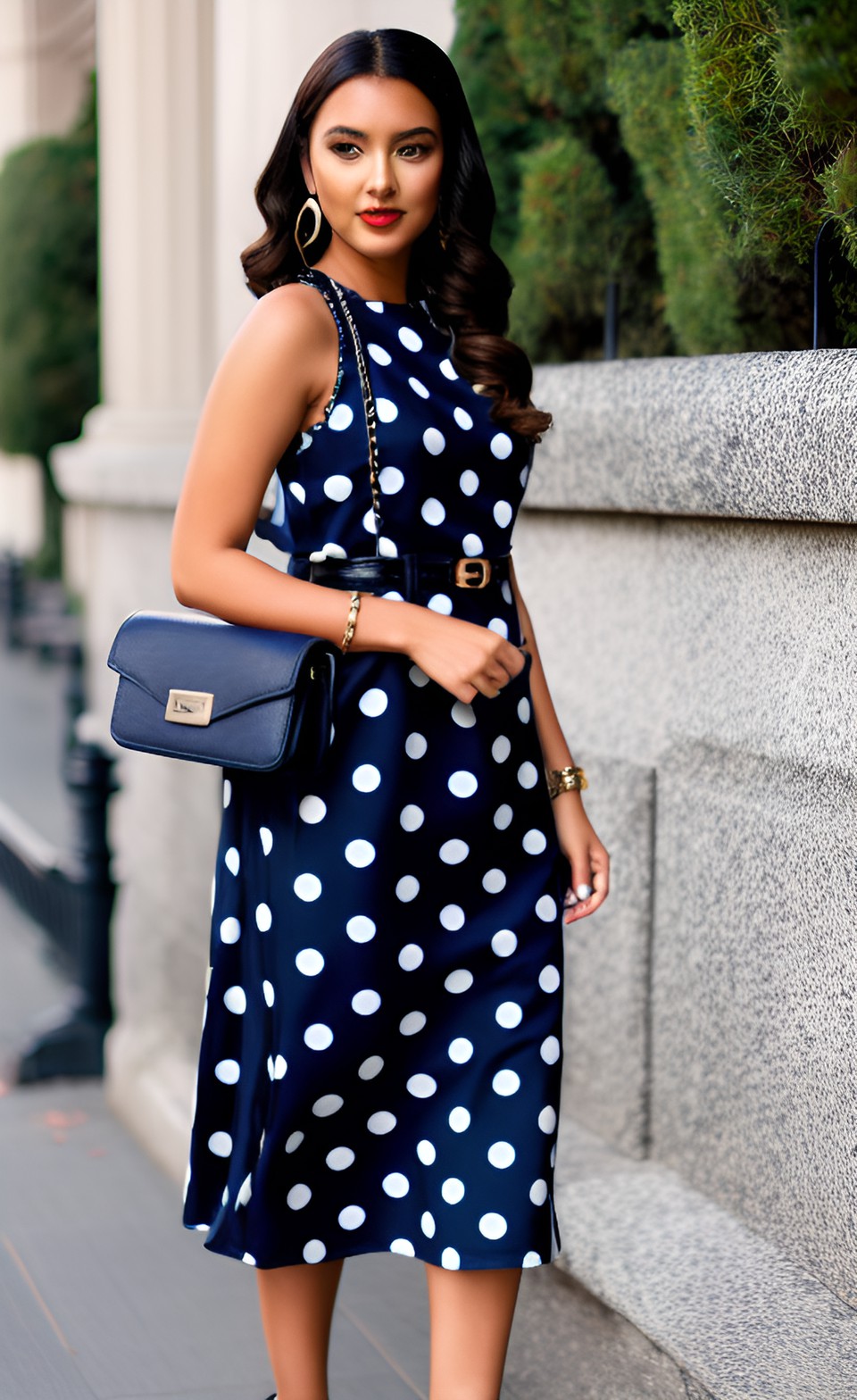 ai generated image of woman wearing navy blue and white polka dot dress carrying navy blue shoulder bag