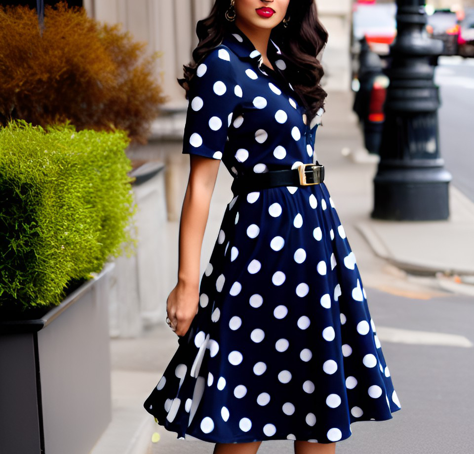 woman wearing navy blue and white polka dot dress