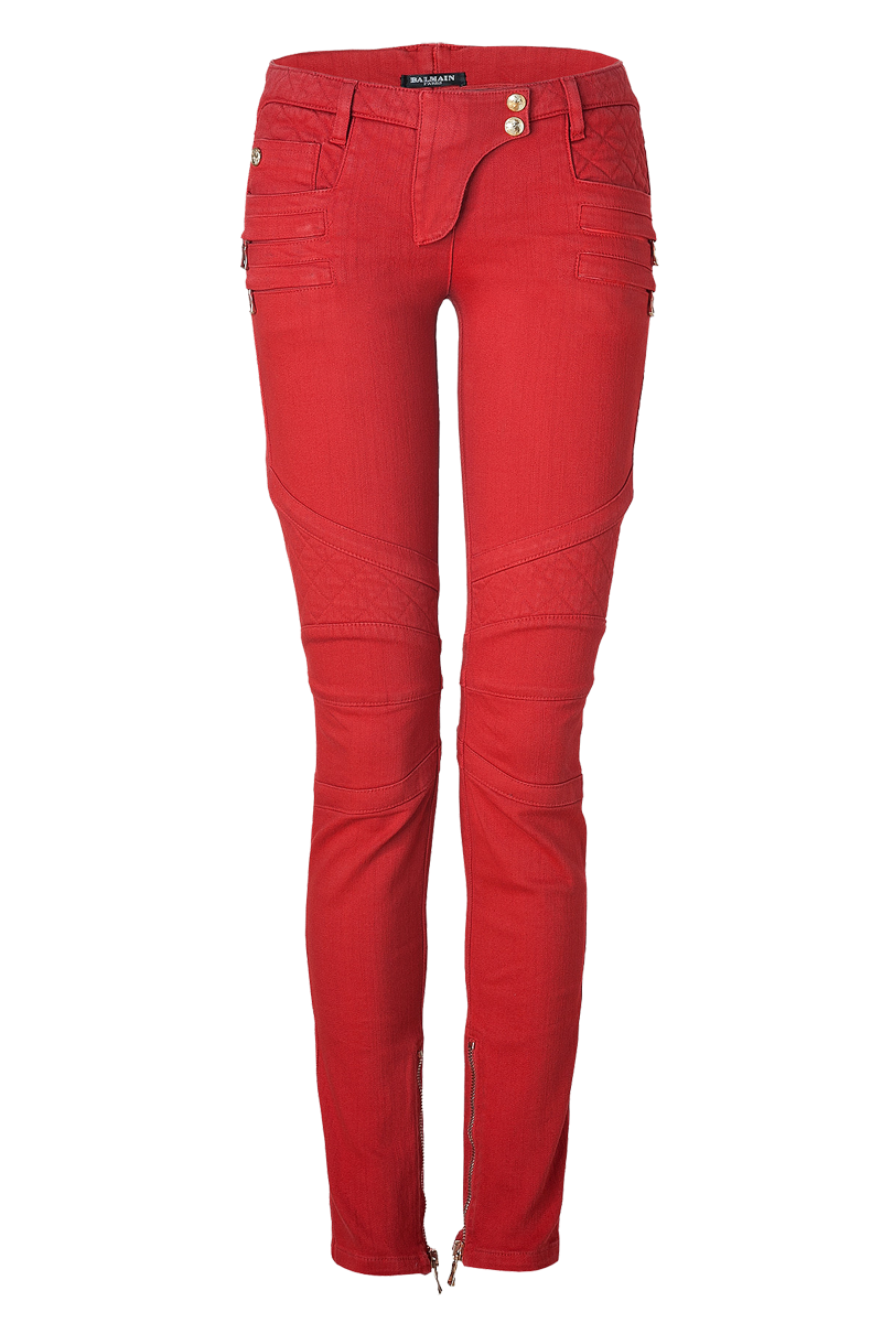 Balmain Rouge bright red Low-Rise Denim Biker Jeans