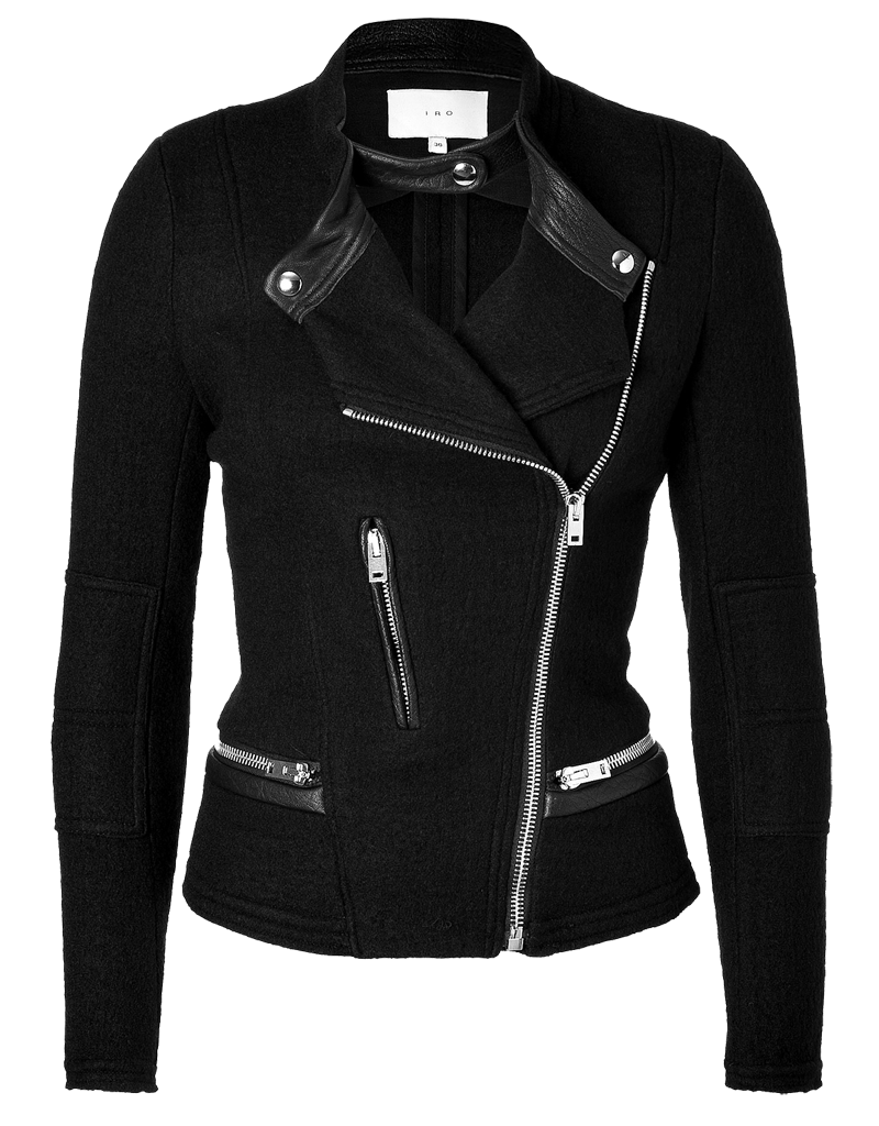 IRO Black wool black leather snapped collar tab biker jacket