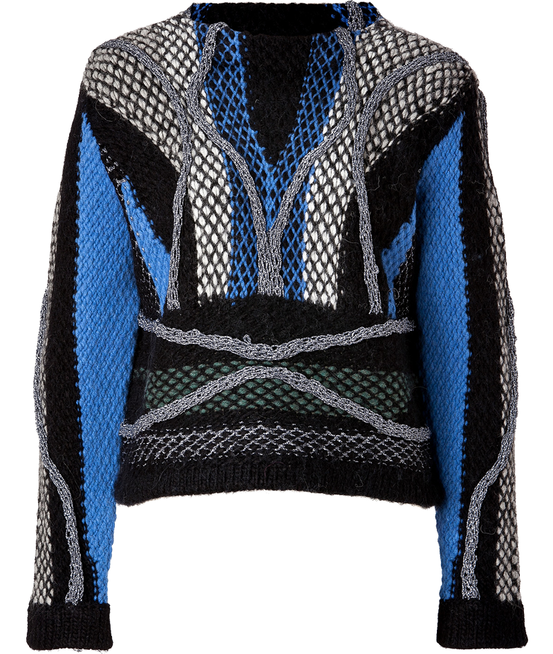 Peter Pilotto Black royal blue cream grey textural knit round neck pullover sweater