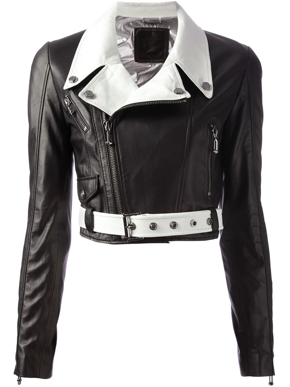 Philipp Plein black white cropped leather biker jacket.