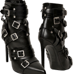 Saint Laurent black leather silver buckle pointy toe strappy ankle boots