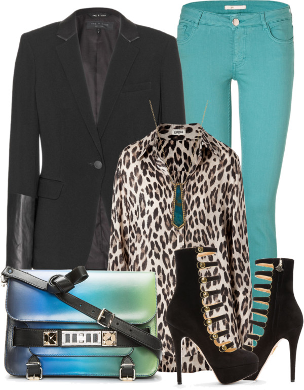 lagence leopard print shirt blouse rag bobe black blazer leather cuff MAJE turquoise skinny jeans Charlotte Olympia black suede heels gold metallic buttons Proenza Schouler bag
