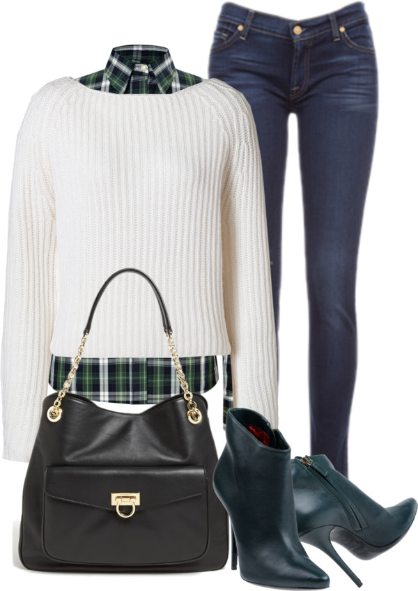Balmain dark green leather ankle boots black leather bag white cashmere sweater green plaid blouse skinny blue jeans