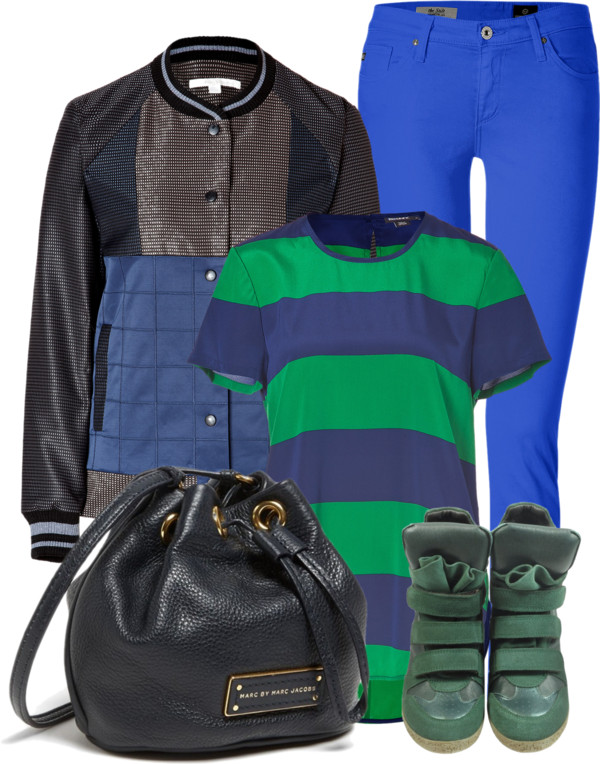 Green suede wedge sneakers blue cigarette jeans green blue striped top black leather bag navy utility jacket
