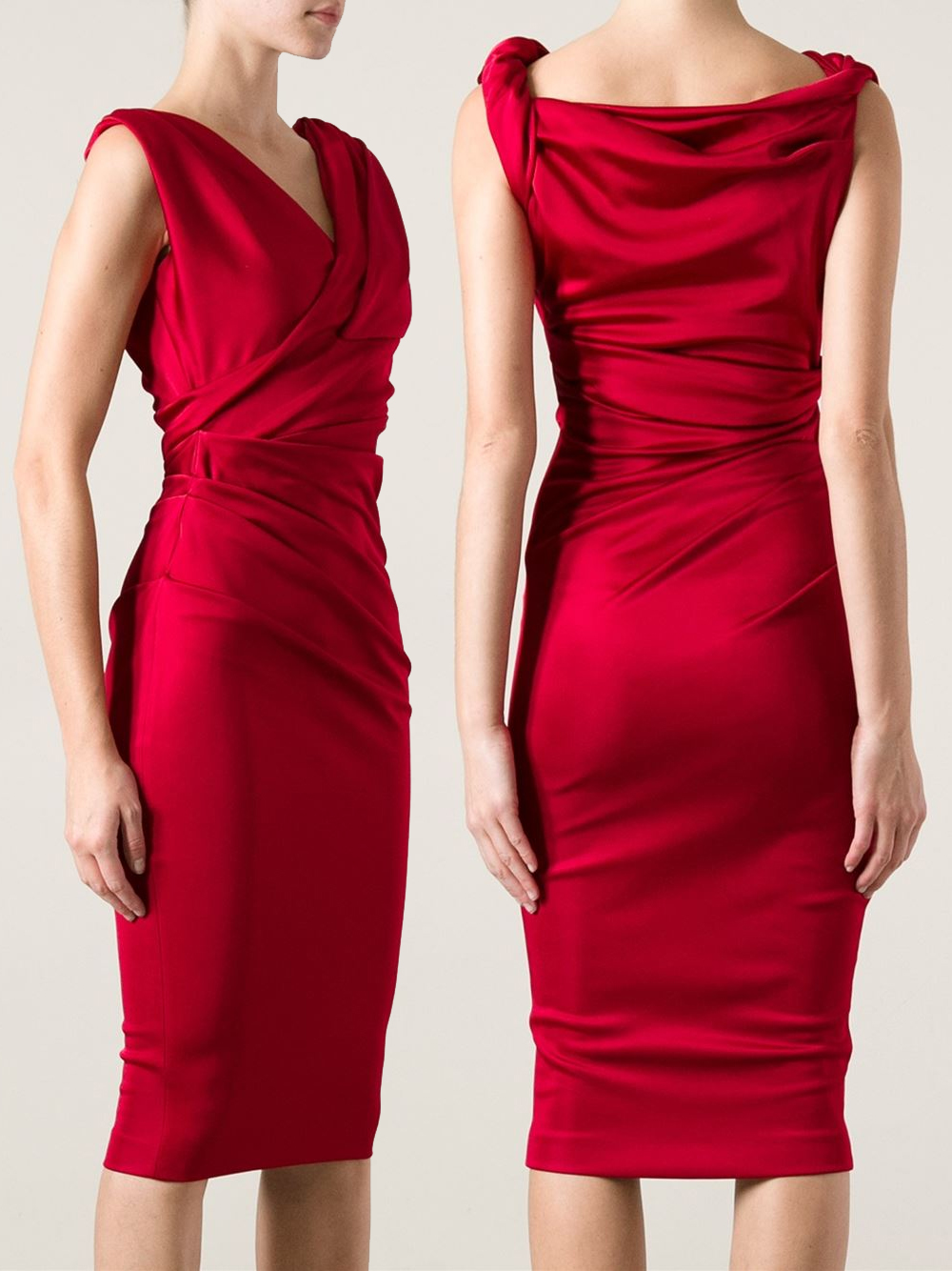 Model wearing dsquared2 sleeveless red runched surplice wrap front satin dress