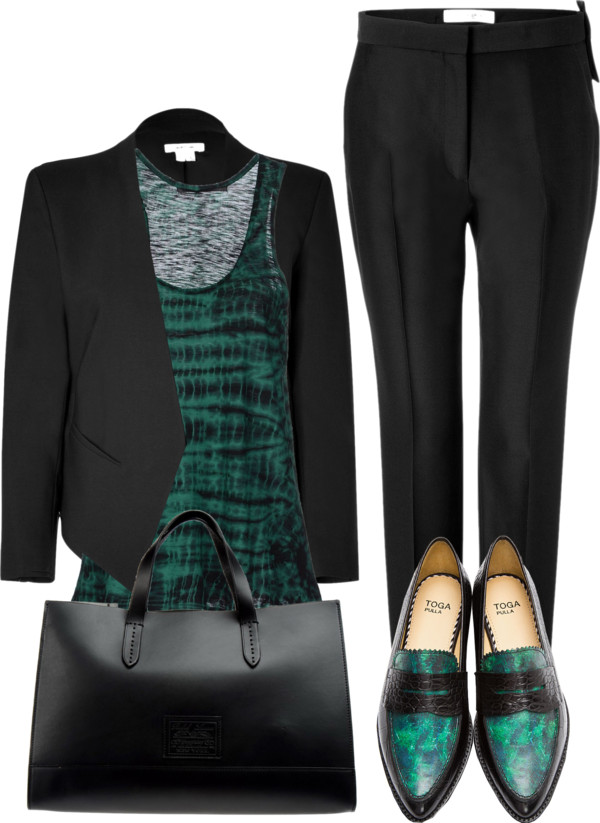 Green Marble Croc-embossed loafers black pants green top black blazer black leather bag