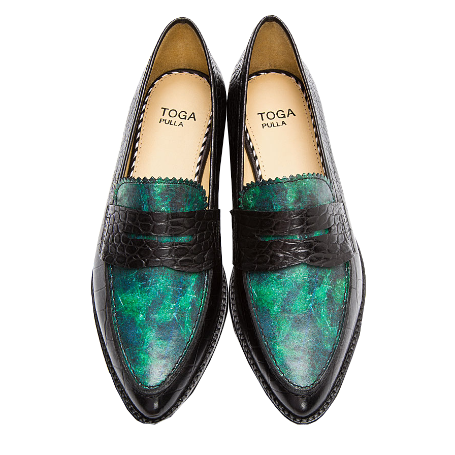 Toga Pulla Green Marble Croc-embossed loafers green shoes