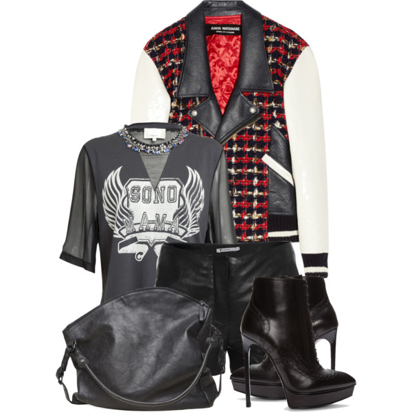 Inspired by outfit seen on Beyonce - 3 1 Phillip Lim short sleeve top - Junya Watanabe biker jacket - T By Alexander Wang slim fit shorts - Yves Saint Laurent black lace up boots - Marsell shoulder bag