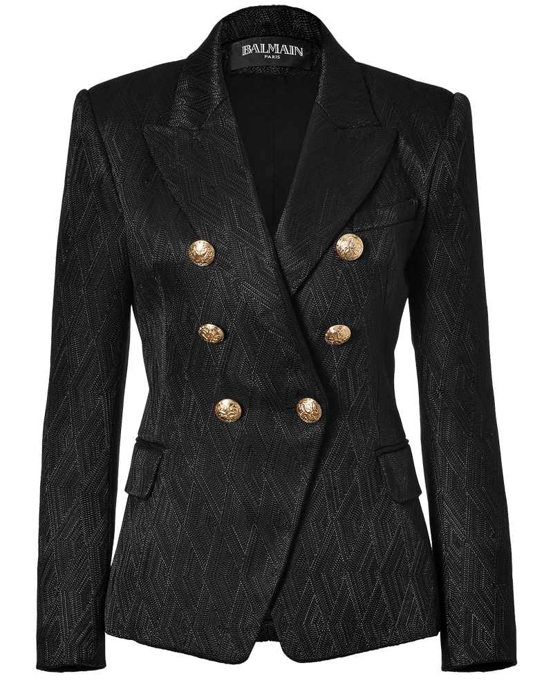 Balmain black Woven Peaked Lapel fitted gold buttons blazer