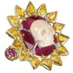 Bernard Delettrez Gold Ruby and Yellow Sapphires Skull Bone Ring