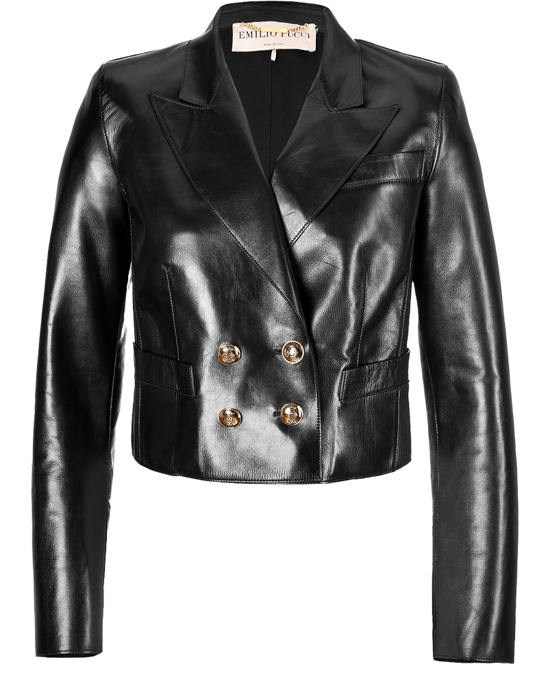 Emilio Pucci Black leather peaked lapel double-breasted cropped blazer
