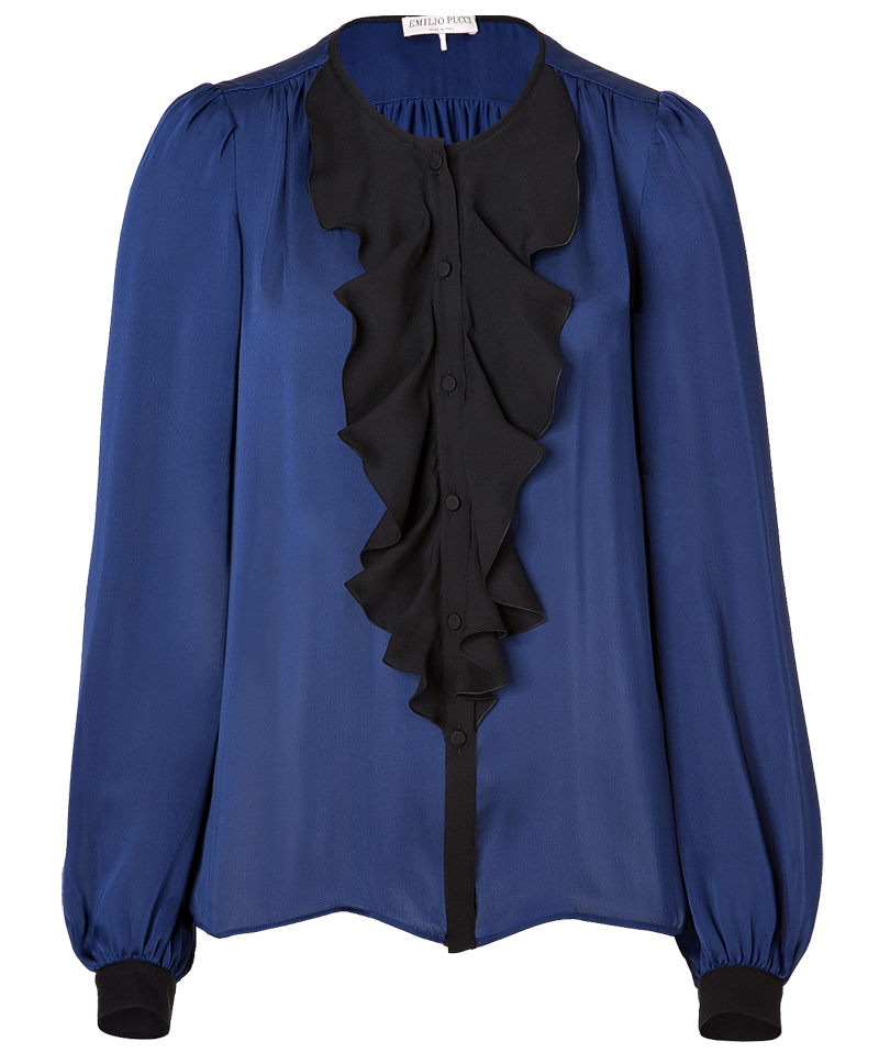 Emilio Pucci Navy silk blouse with black front ruffle and trim
