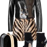 Emilio Pucci black cropped leather blazer haircalf animal print shorts black suede leather ankle boots velvet box clutch silk sweater top
