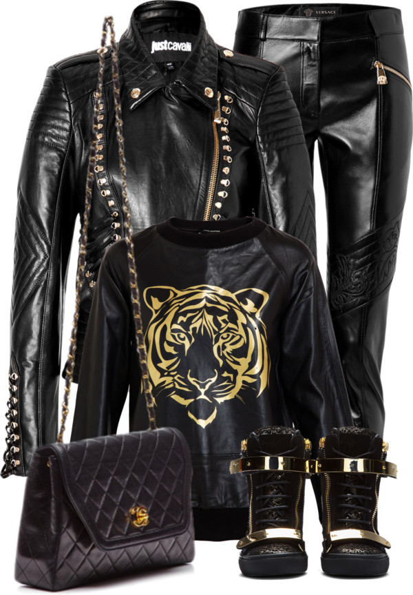 Giuseppe Zanotti Black croc-embossed Lorenz Wedge Sneakers Chanel quilted bag Just Cavalli leather Versace leather pants Love Leather tiger black gold sweatshirt