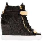 Giuseppe Zanotti black crocodile skin leather gold straps wedge sneakers